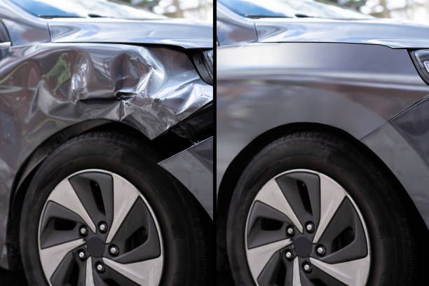 A before and after photo of a car with a damaged fender.