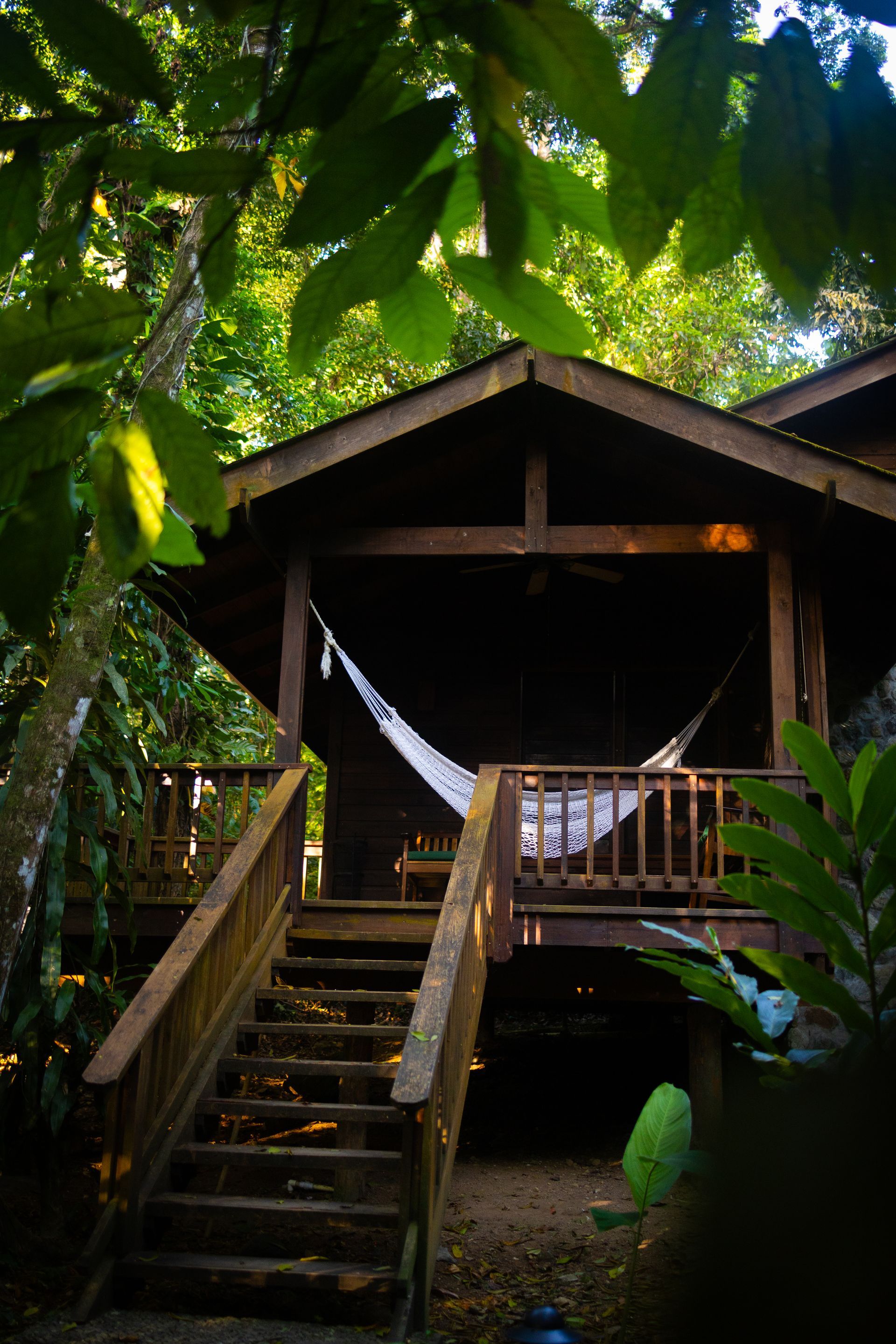 A small wooden house with stairs leading up to it and a hammock on the porch.