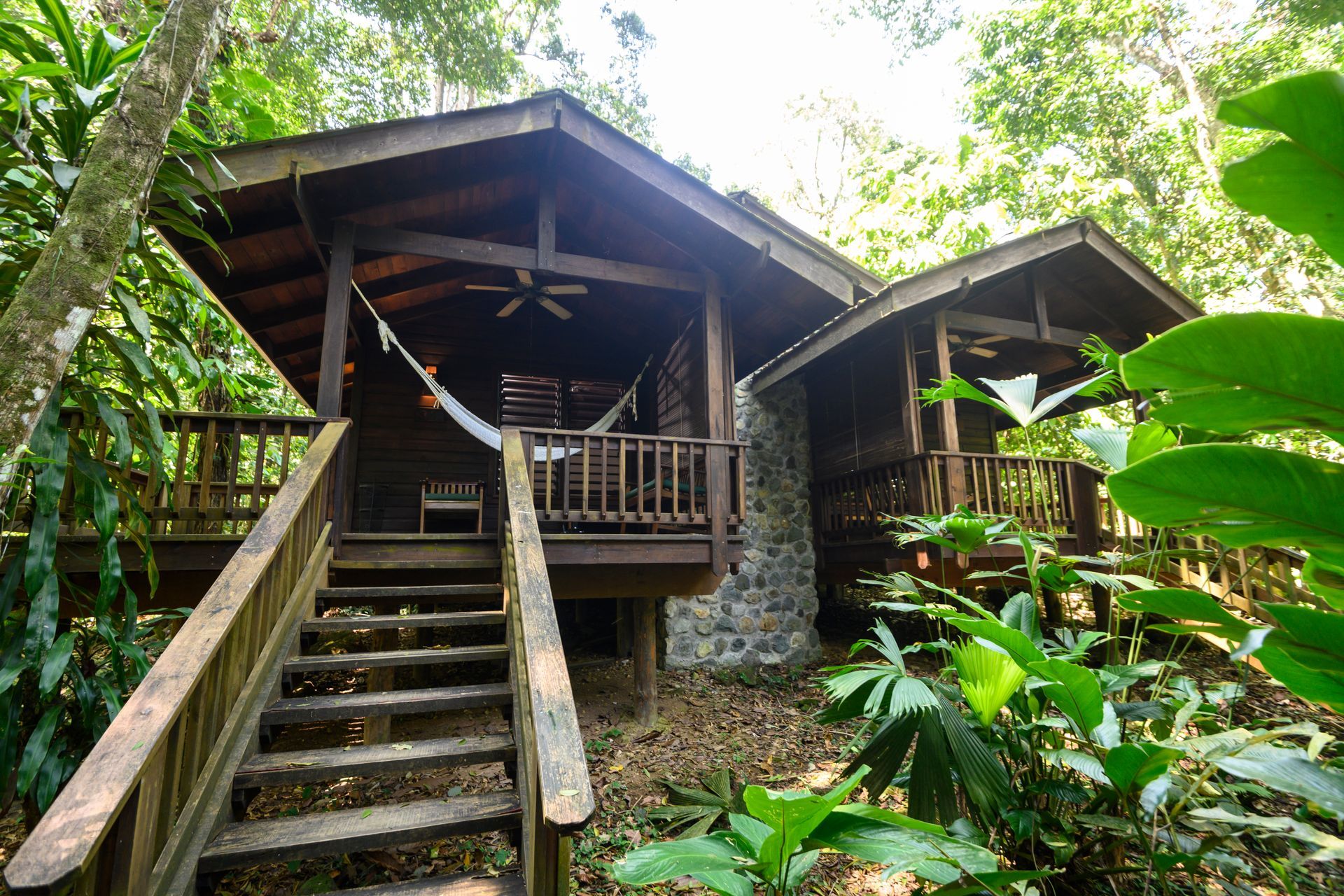 A wooden house with stairs leading up to it in the middle of a forest.