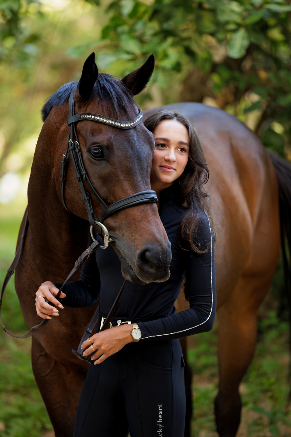 A woman is hugging a brown horse in a field.