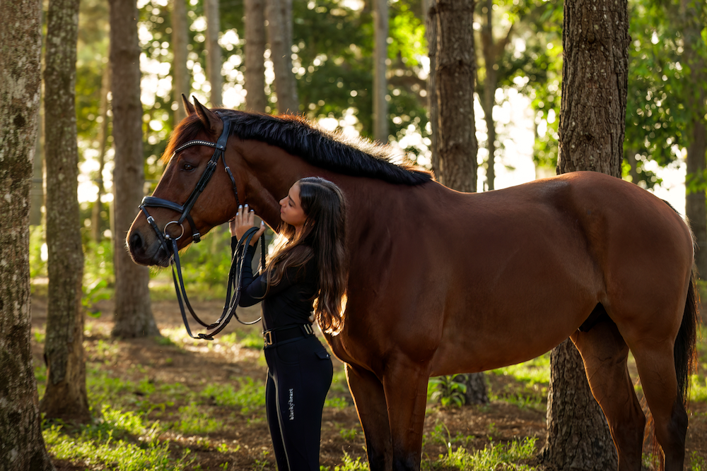 A woman is standing next to a brown horse in the woods.