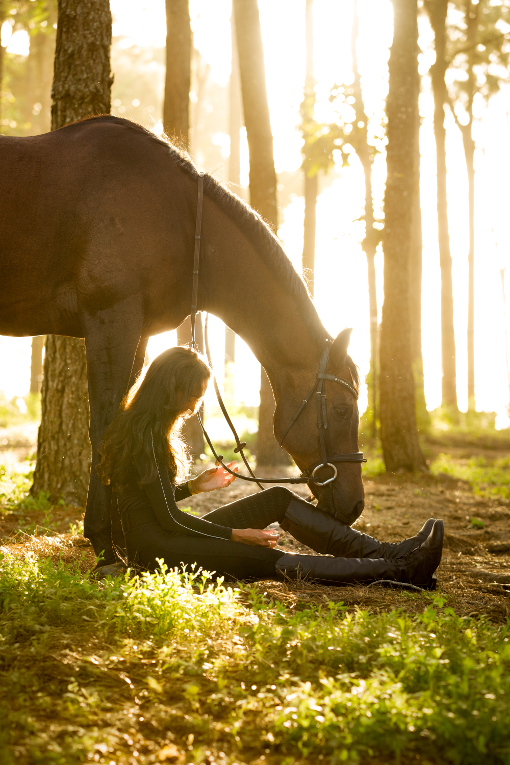 A woman is laying on the ground next to a horse in the woods.