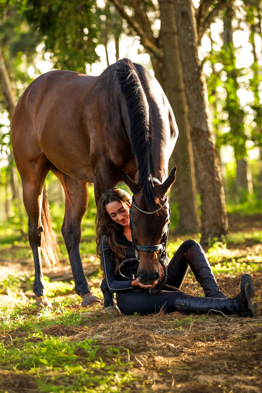 A woman is laying on the ground next to a brown horse.