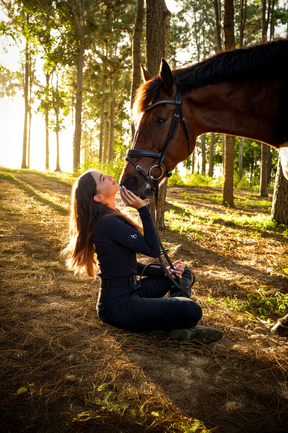 A woman is kneeling down next to a brown horse in the woods.