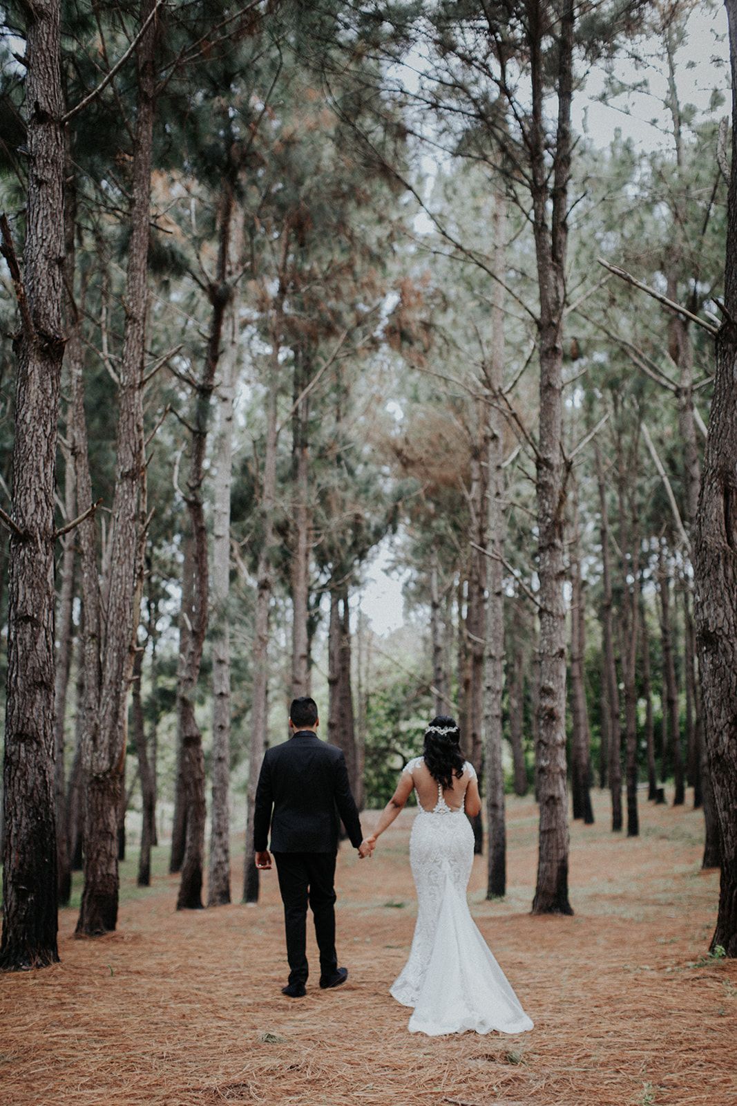A bride and groom are walking through a forest holding hands.
