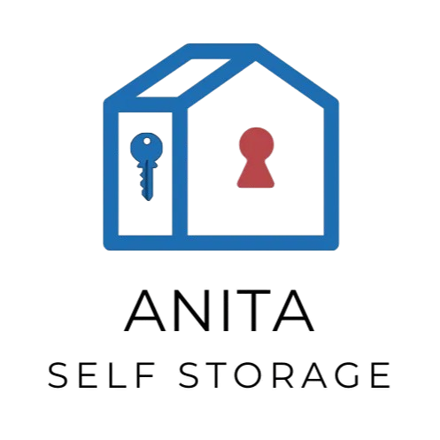 Logo for Anita Self Storage: blue house outline with key, red keyhole.