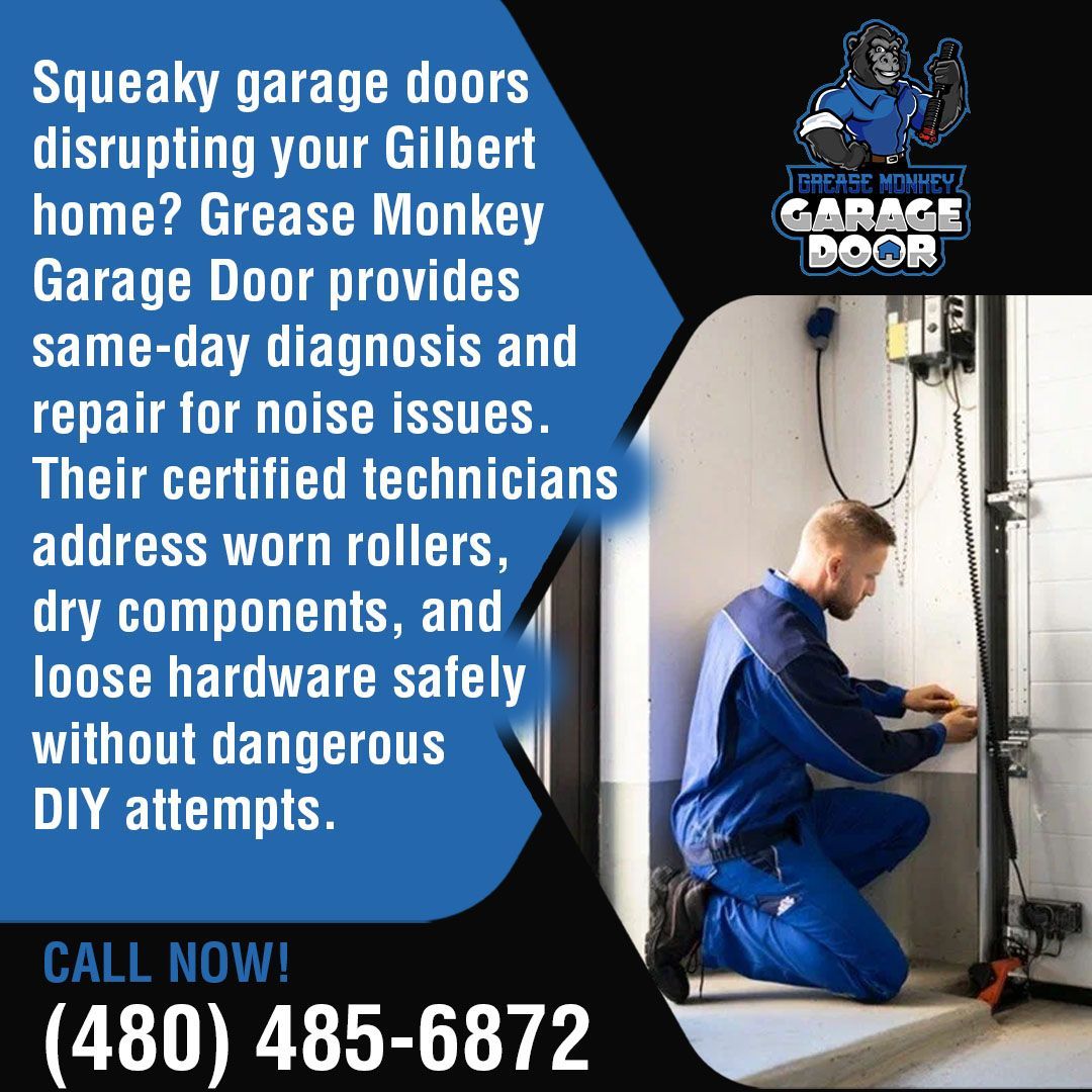  Commercial Door Service Benefits: Proactive maintenance, Arizona heat/dust protocols, OSHA compliance support, emergency response, specialized training. Grease Monkey Garage Door logo. C