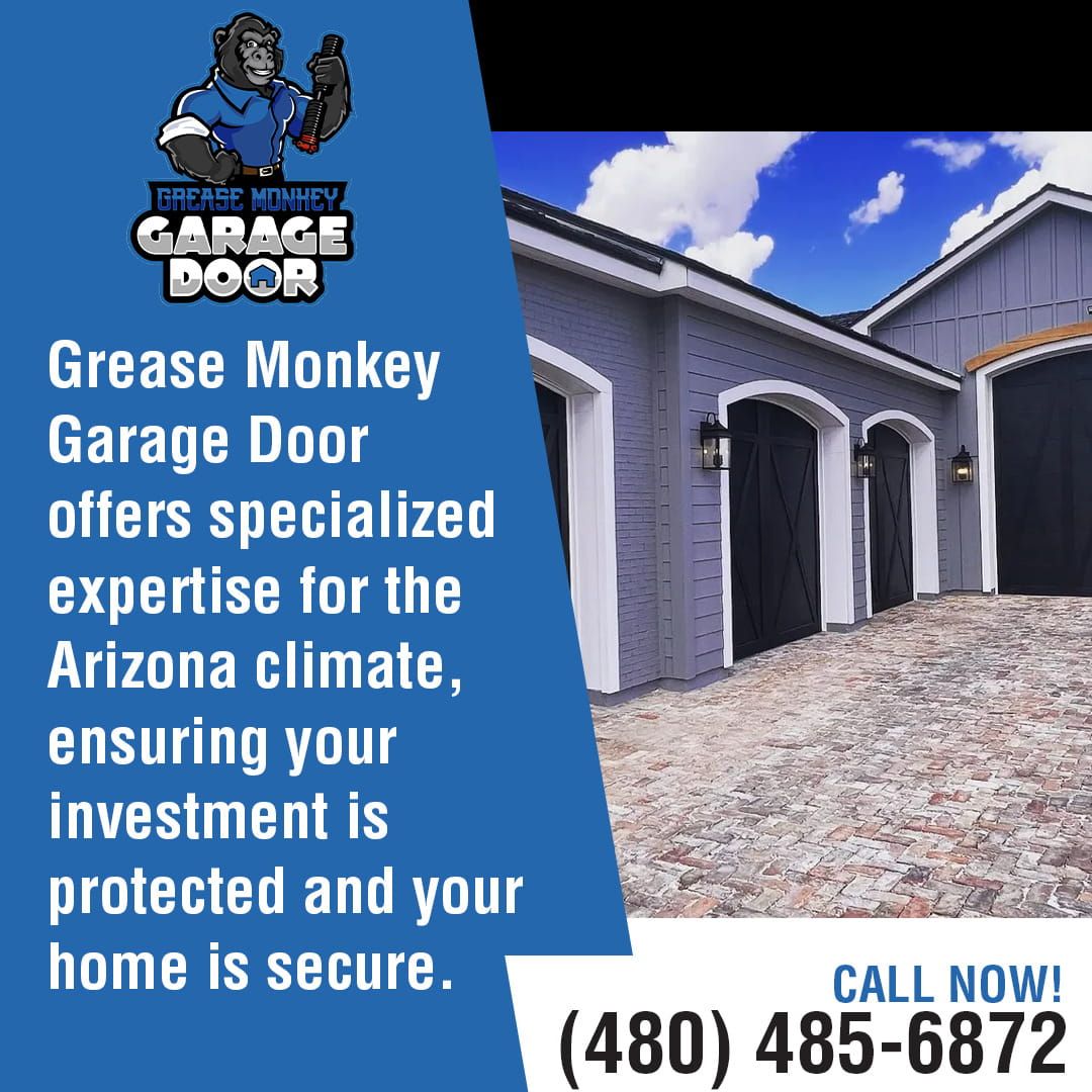 An advertisement for Grease Monkey Garage Door, featuring a cartoon monkey mechanic and a residential garage, with text promoting their specialized expertise for the Arizona climate.