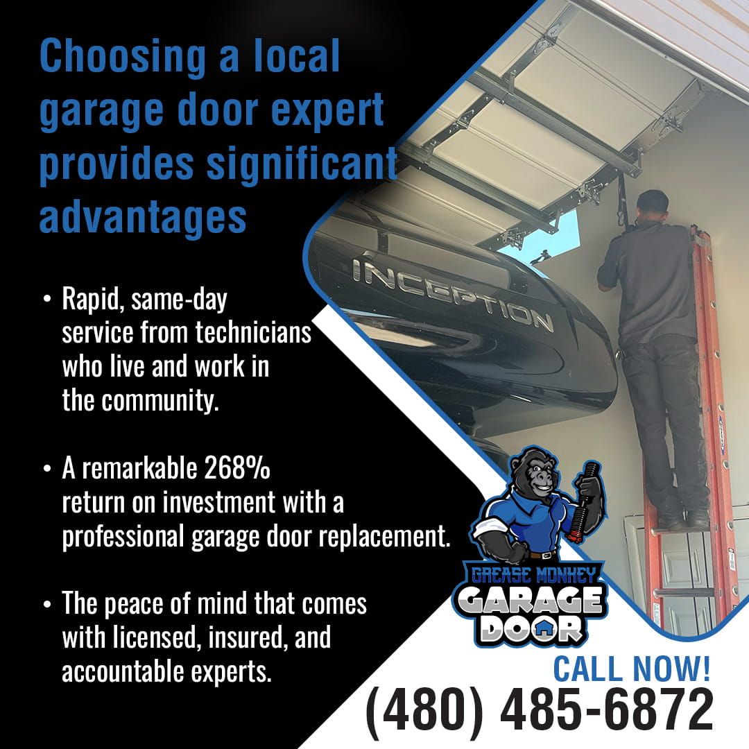 An advertisement for Grease Monkey Garage Door, featuring a technician working on a garage door and text highlighting the benefits of choosing a local garage door expert.