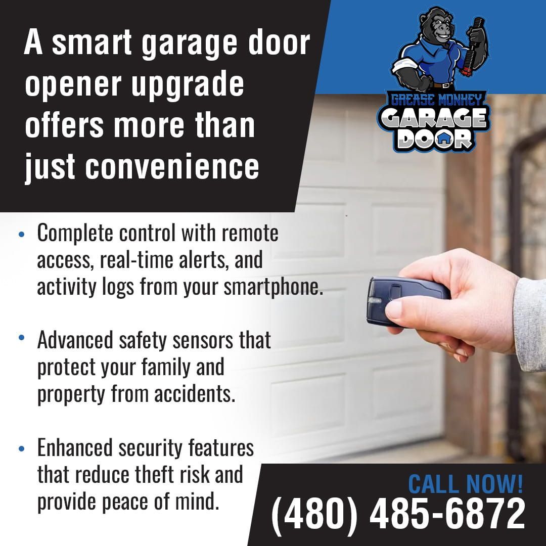 An advertisement for Grease Monkey Garage Door, featuring a smartphone controlling a garage door and text outlining the benefits of a smart garage door opener upgrade beyond convenience.