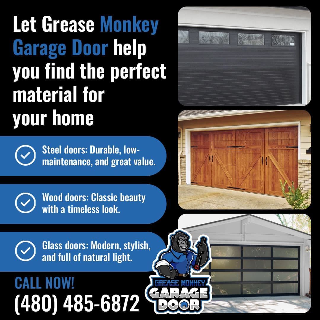 Promotional graphic for Grease Monkey Garage Door helping customers choose the perfect material.