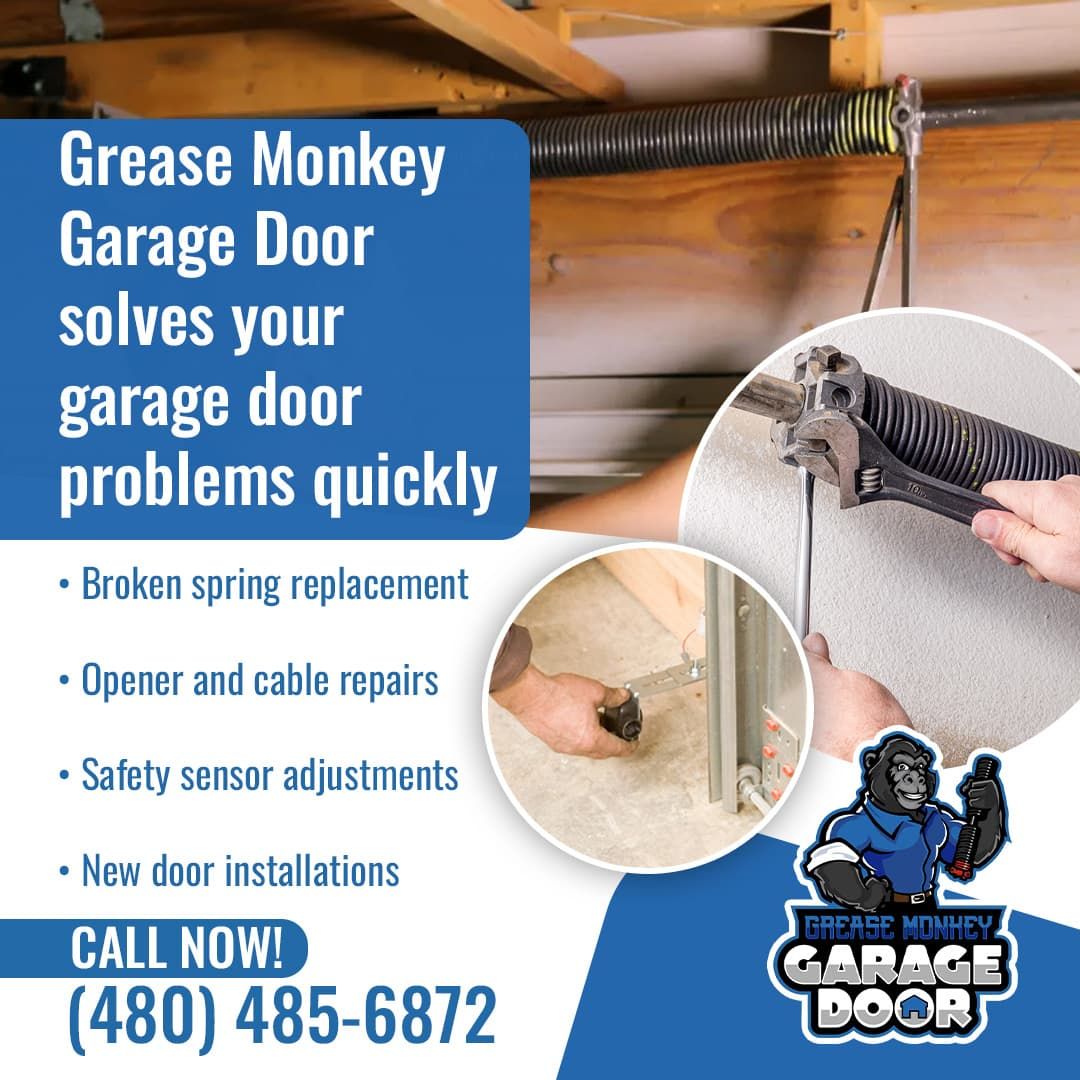 Promotional graphic for Grease Monkey Garage Door. The text promises to