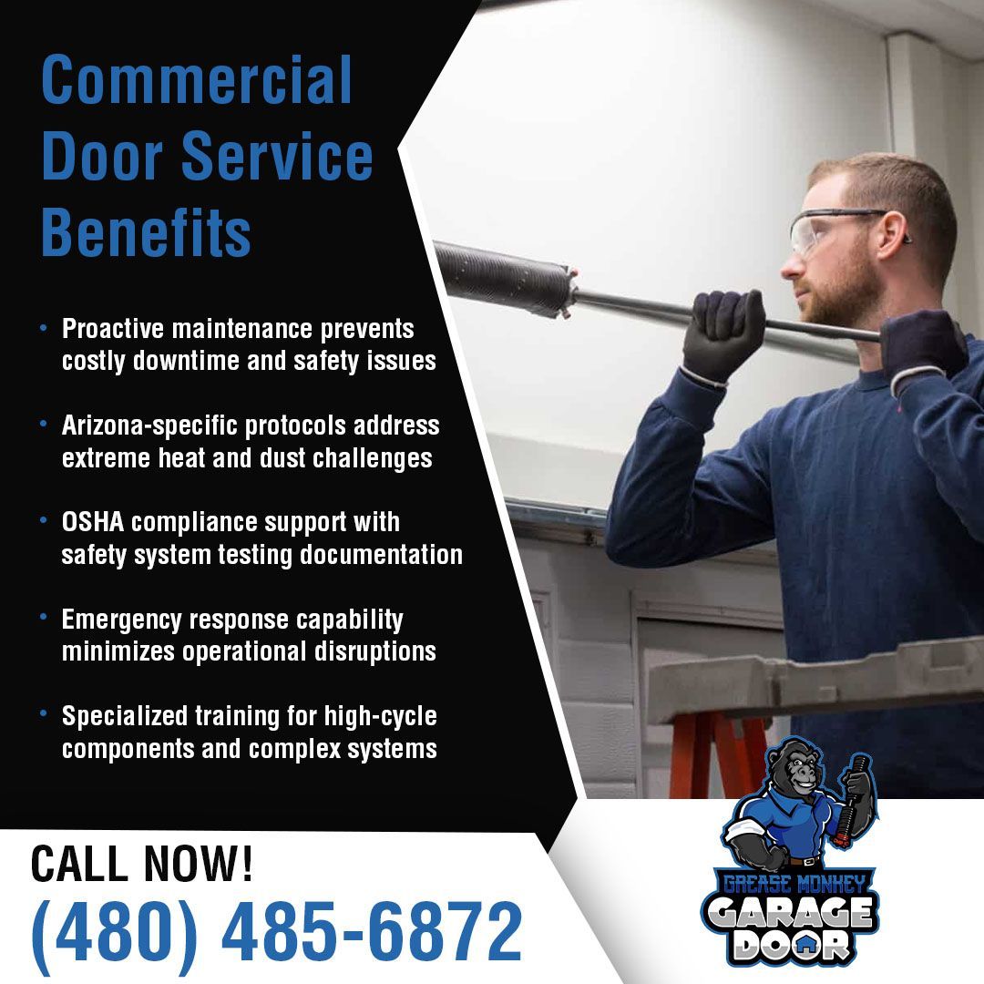 Technician kneeling to adjust hardware near the spring system of a garage door. Grease Monkey provides same-day diagnosis for worn rollers, dry components, and loose hardware, preventing dangerous DIY attempts.