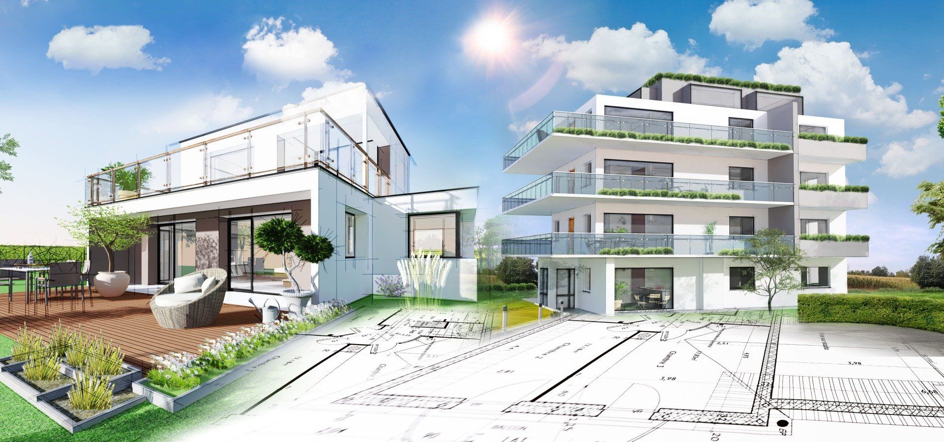 Moderne Architektur mit Glas, Bepflanzung und Bangkirai Terrasse