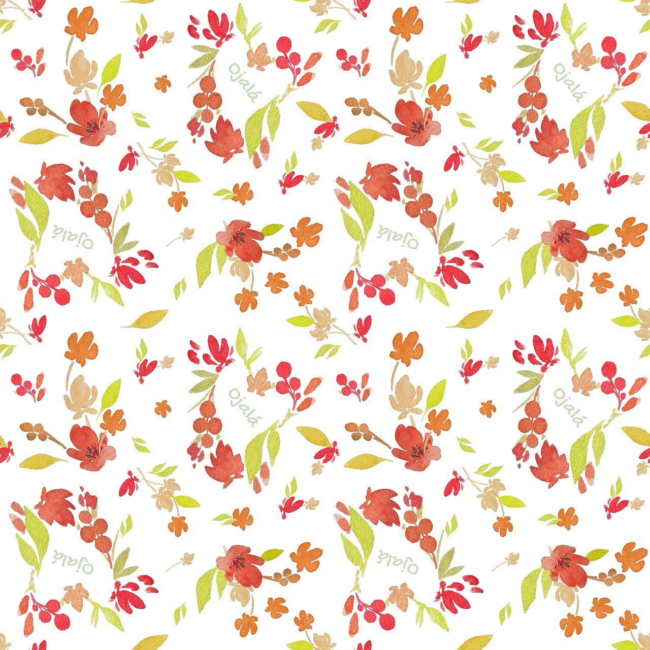 Patrón floral de acuarela: flores rojas y naranjas con hojas verdes sobre fondo blanco.