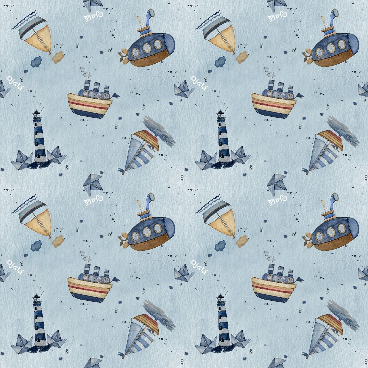 Patrón náutico con submarinos, barcos, faros, veleros de papel y salpicaduras de tinta sobre azul.