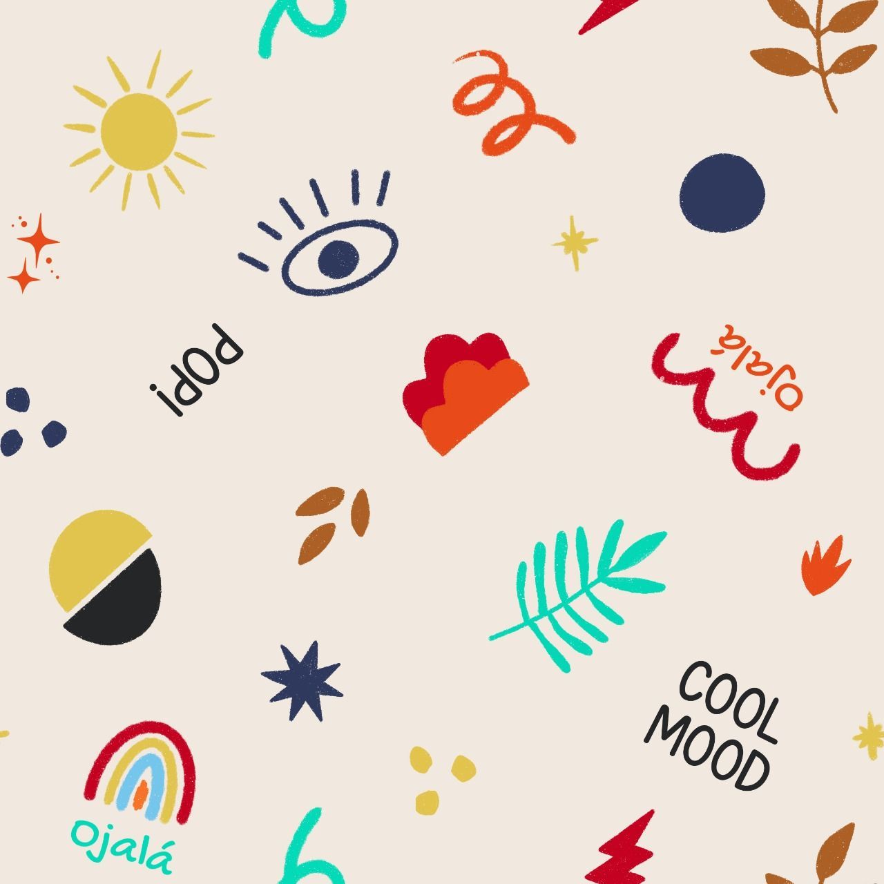 Patrón caprichoso: sol, ojo, texto 