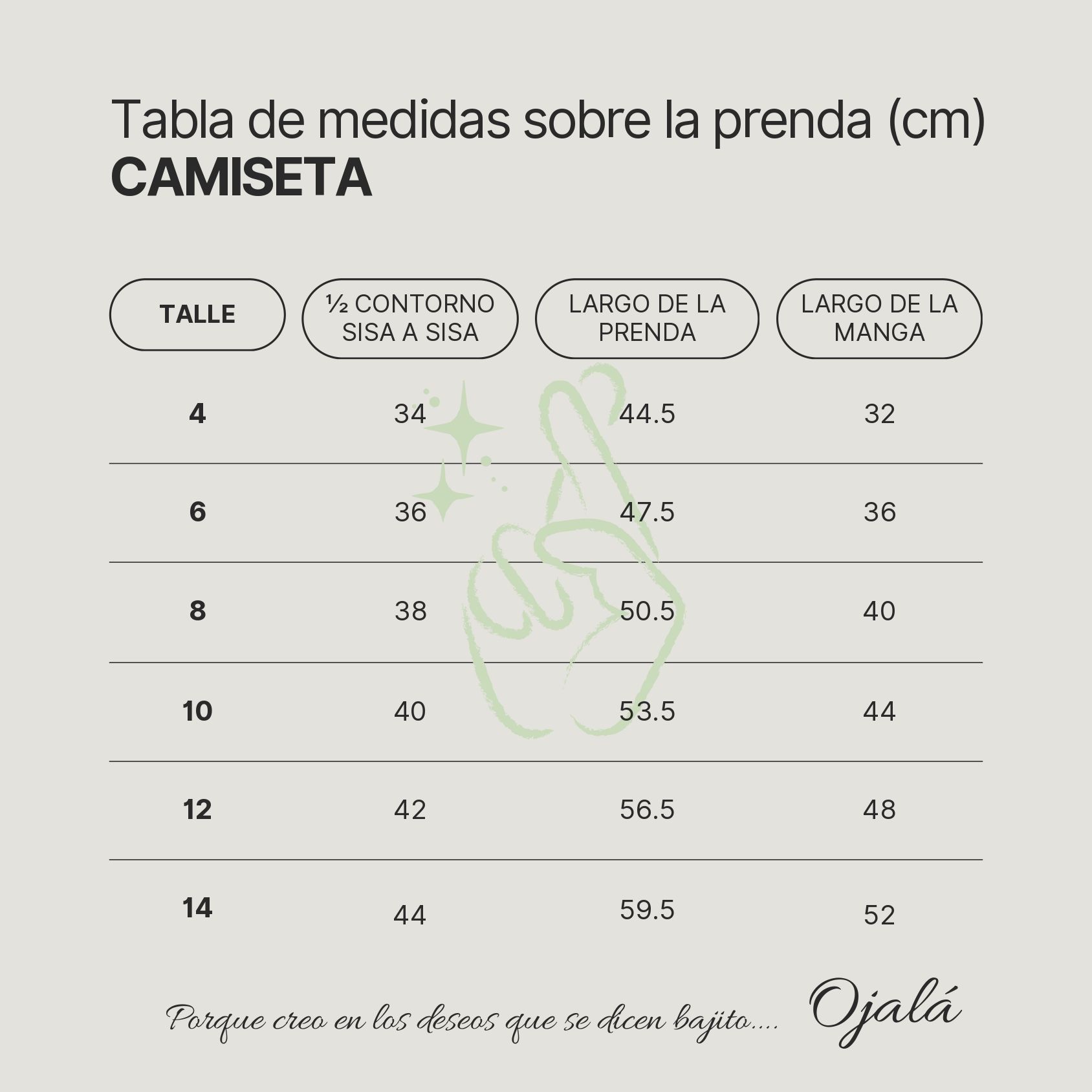 Tabla de tallas para camisetas con medidas en centímetros. Incluye busto, largo y largo de manga.