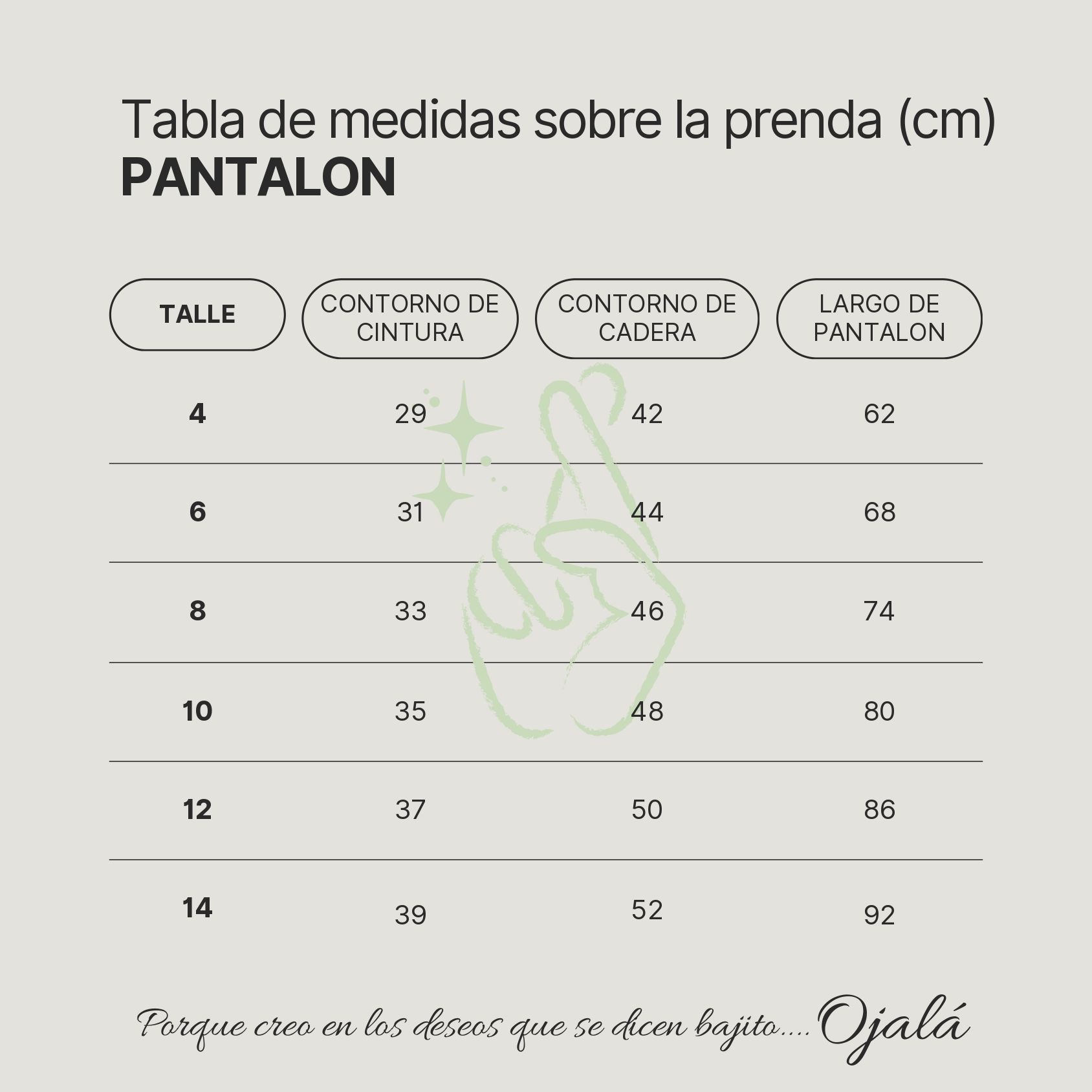 Tabla de tallas para pantalón con medidas en centímetros: cintura, cadera y largo.