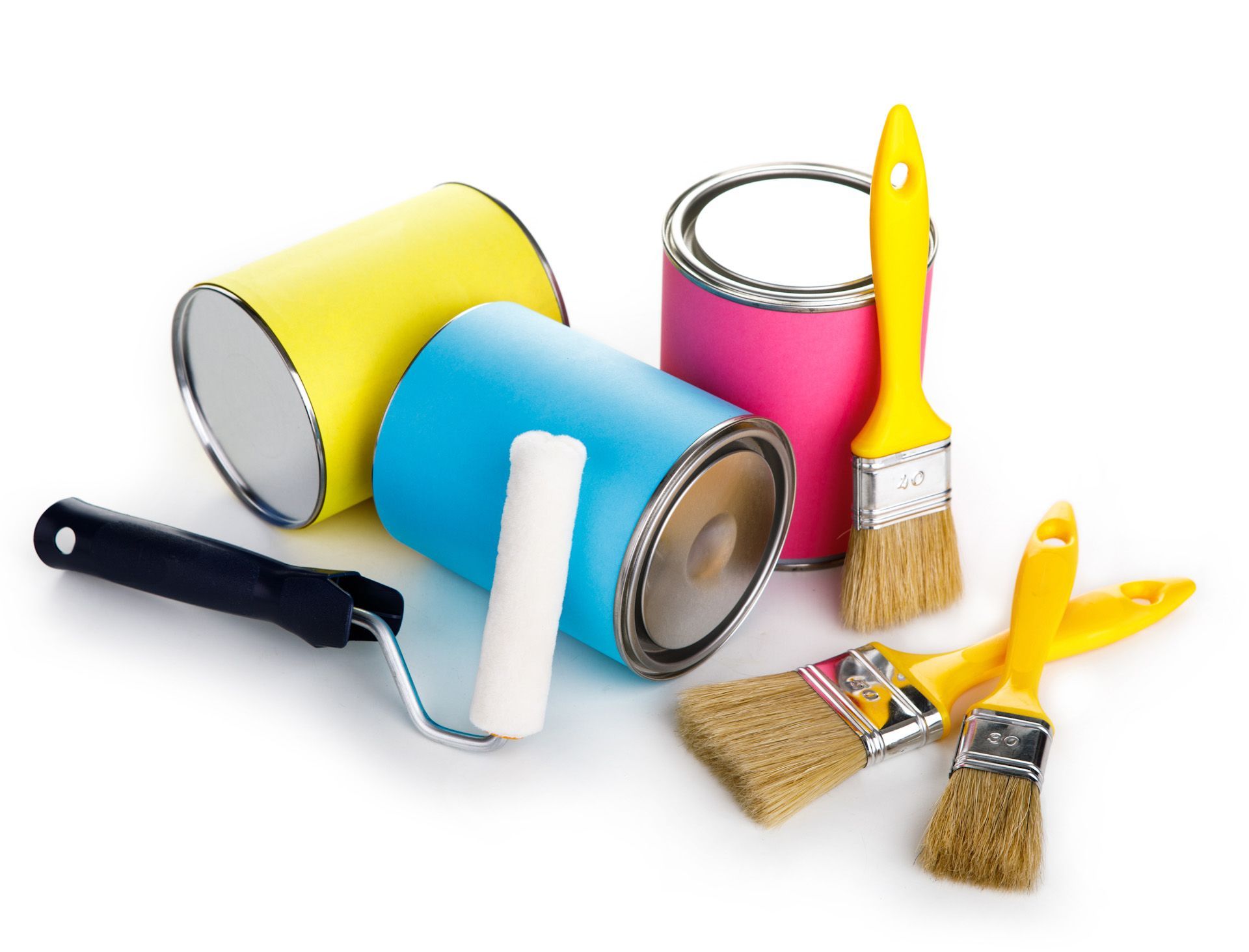 Paint cans and brushes on a white background