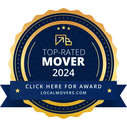 Top-rated mover 2024 award badge in blue and gold with “Click here for award” and localmovers.com