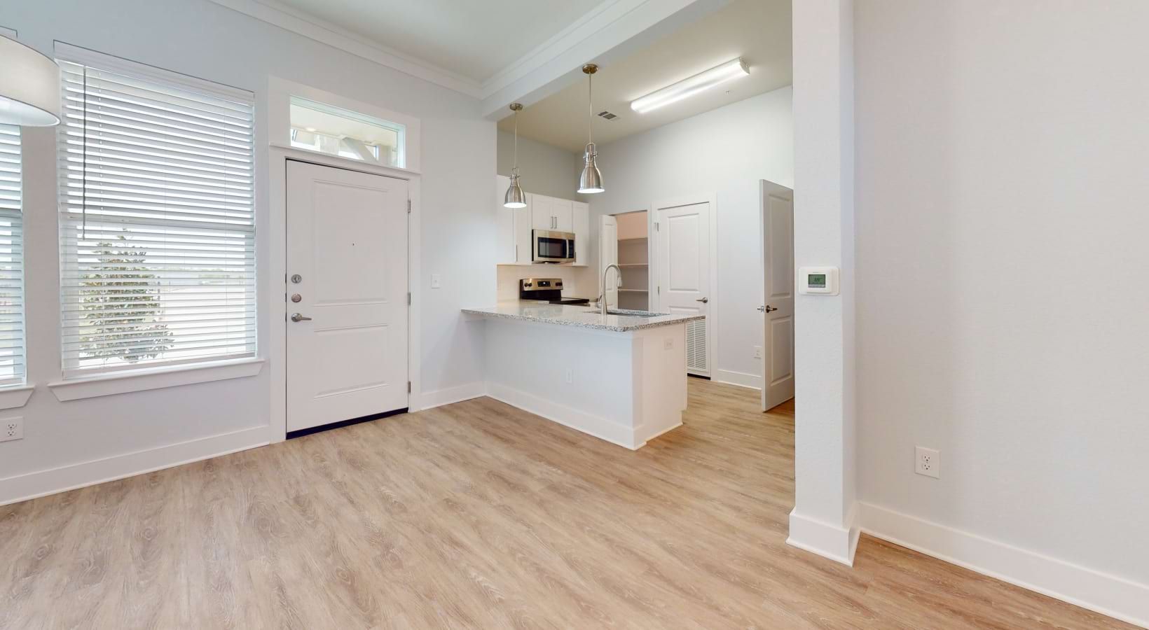 Bright, modern apartment interior. Kitchen and entrance in view, with wood flooring and white walls.