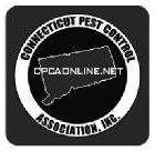 A black and white circular logo for the Connecticut Pest Control Association, Inc. featuring a map of CT and website URL.