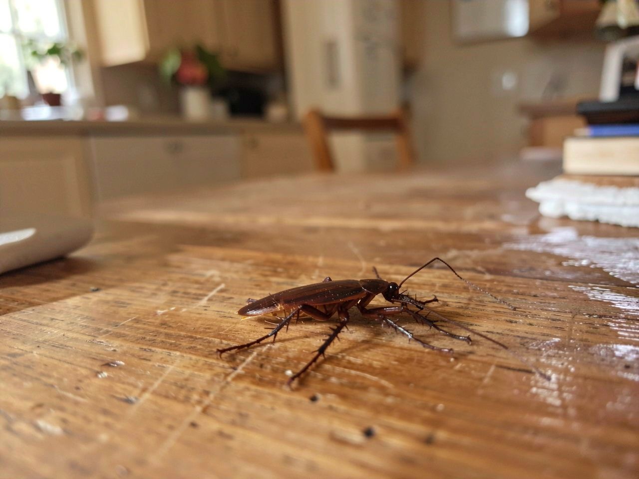 A large brown cockroach stands on a wooden table in a home kitchen.