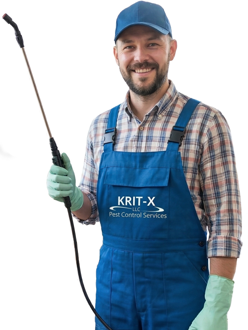 A pest control worker wearing a blue uniform and hat, holding a sprayer tool and smiling against a white background.