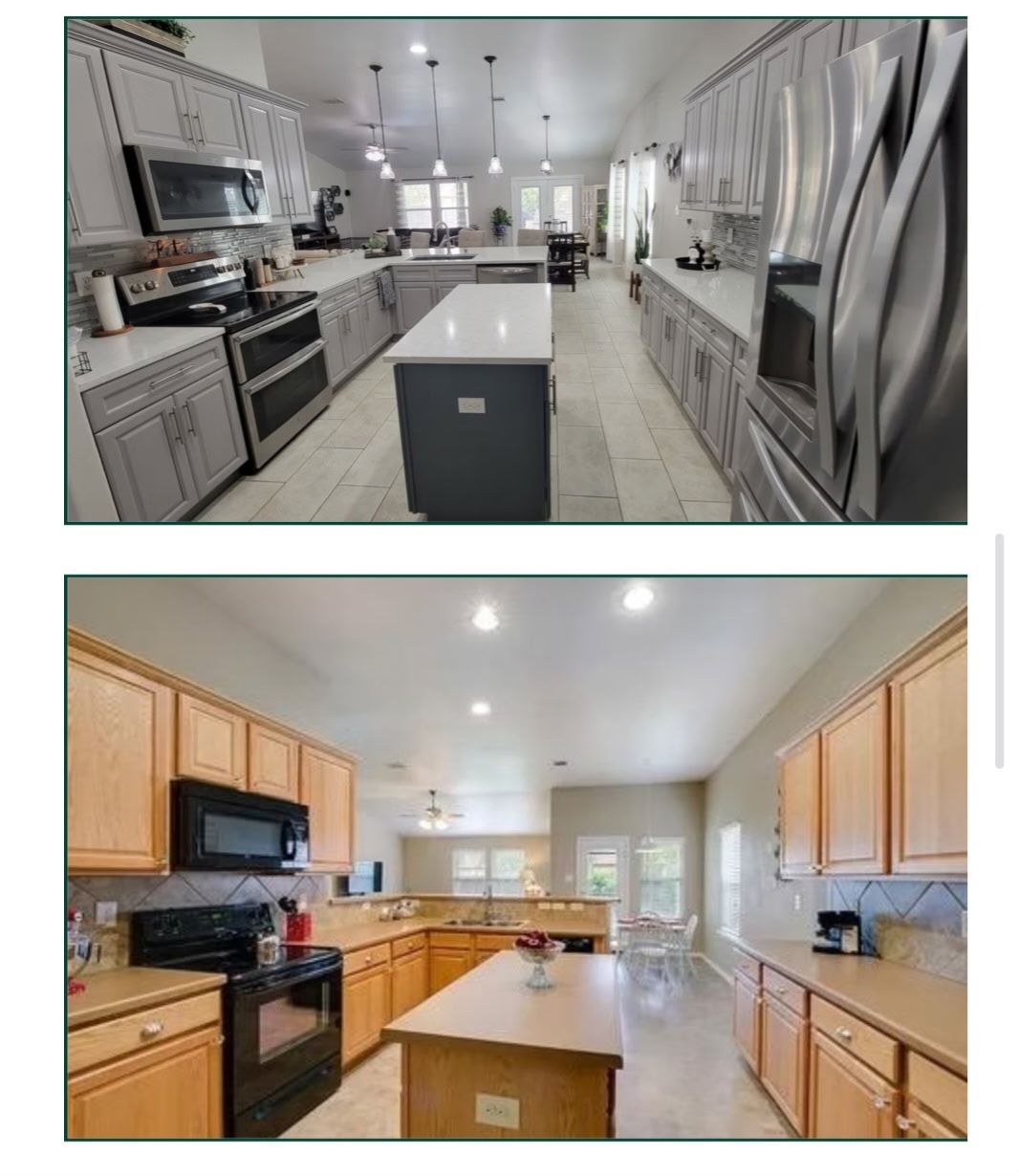 Two kitchens. One modern with gray cabinets. The other with light wood cabinets.