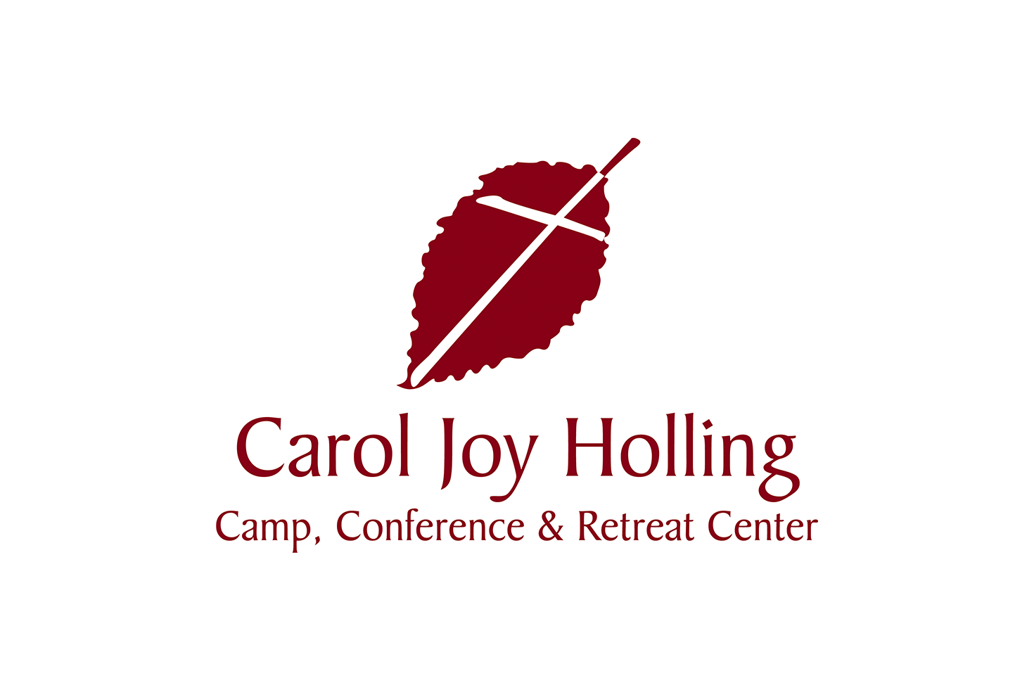 Logo for Carol Joy Holling Camp, Conference & Retreat Center: burgundy leaf with a cross, name and tagline below.