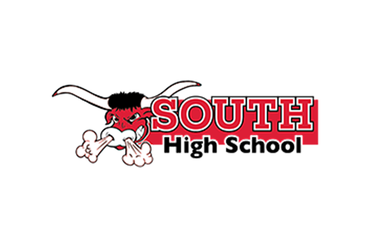 South High School logo: Red and white bull mascot next to