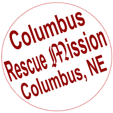 Columbus Rescue Mission, Columbus, NE, text in red on white circular background.
