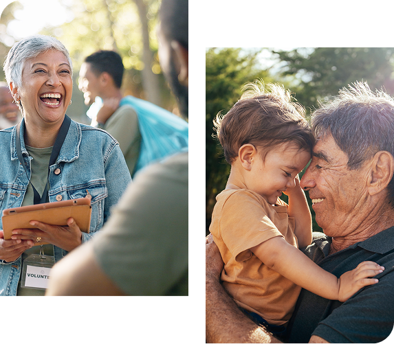 Woman laughing with a tablet, possibly outdoors. A grandfather embraces a child, both smiling.