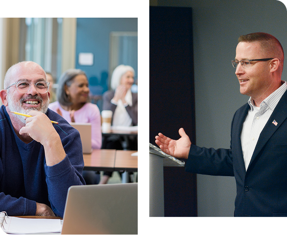 Left: Man smiles in a classroom with a pencil. Right: Man speaks at a podium.