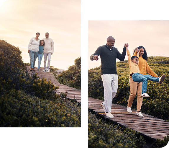 Family walks on a wooden path surrounded by greenery, enjoying an outdoor adventure.