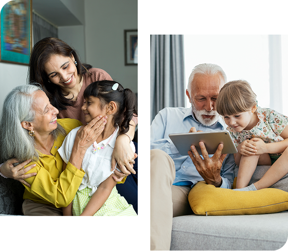 Two multigenerational scenes: Family embracing, and grandfather and child looking at a tablet.