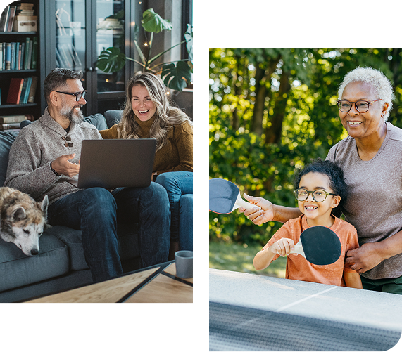 Man and woman on couch with dog, looking at laptop. Child playing ping pong with older person outside.