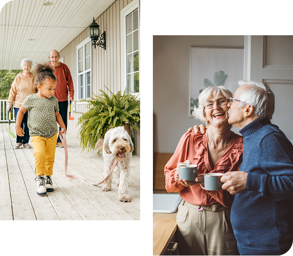 On a porch, a child walks a dog with two older adults. A couple inside, holding mugs, smile.