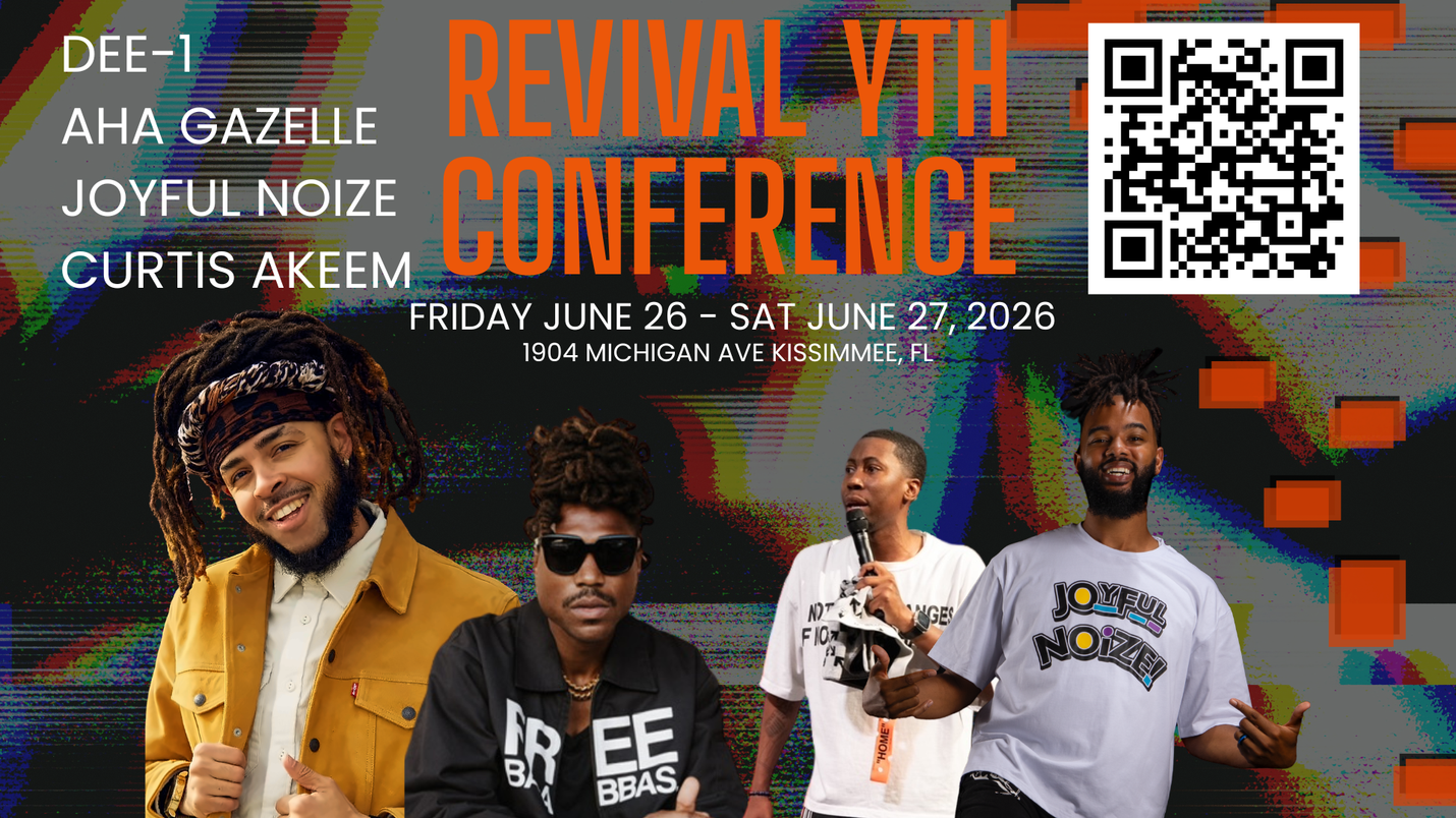 Revival Vth Conference poster with four performers, orange title, QR code, and June 26–28, 2026 dates