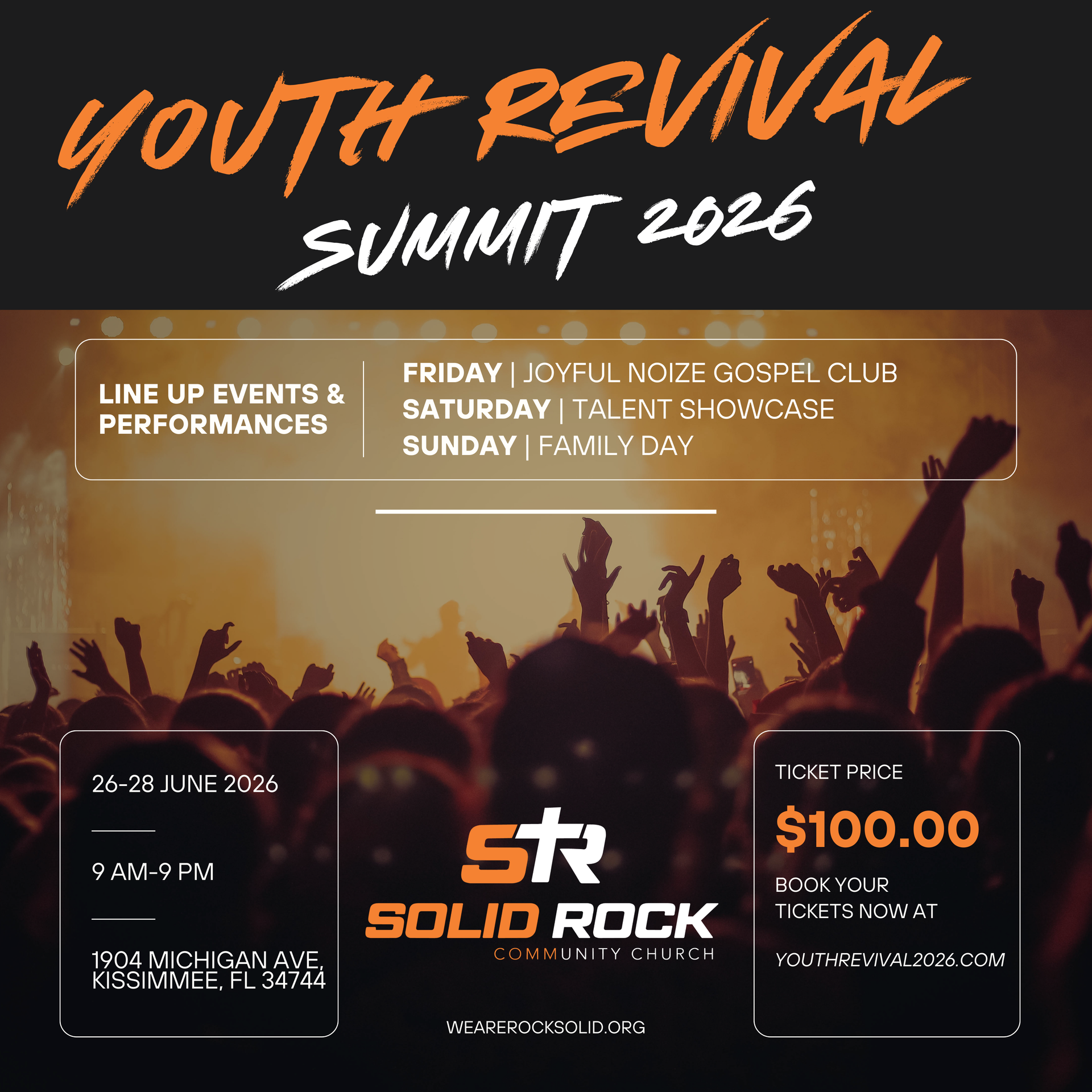 Youth Revival Summit 2026 event poster. Includes event lineup, location, dates, and ticket information.