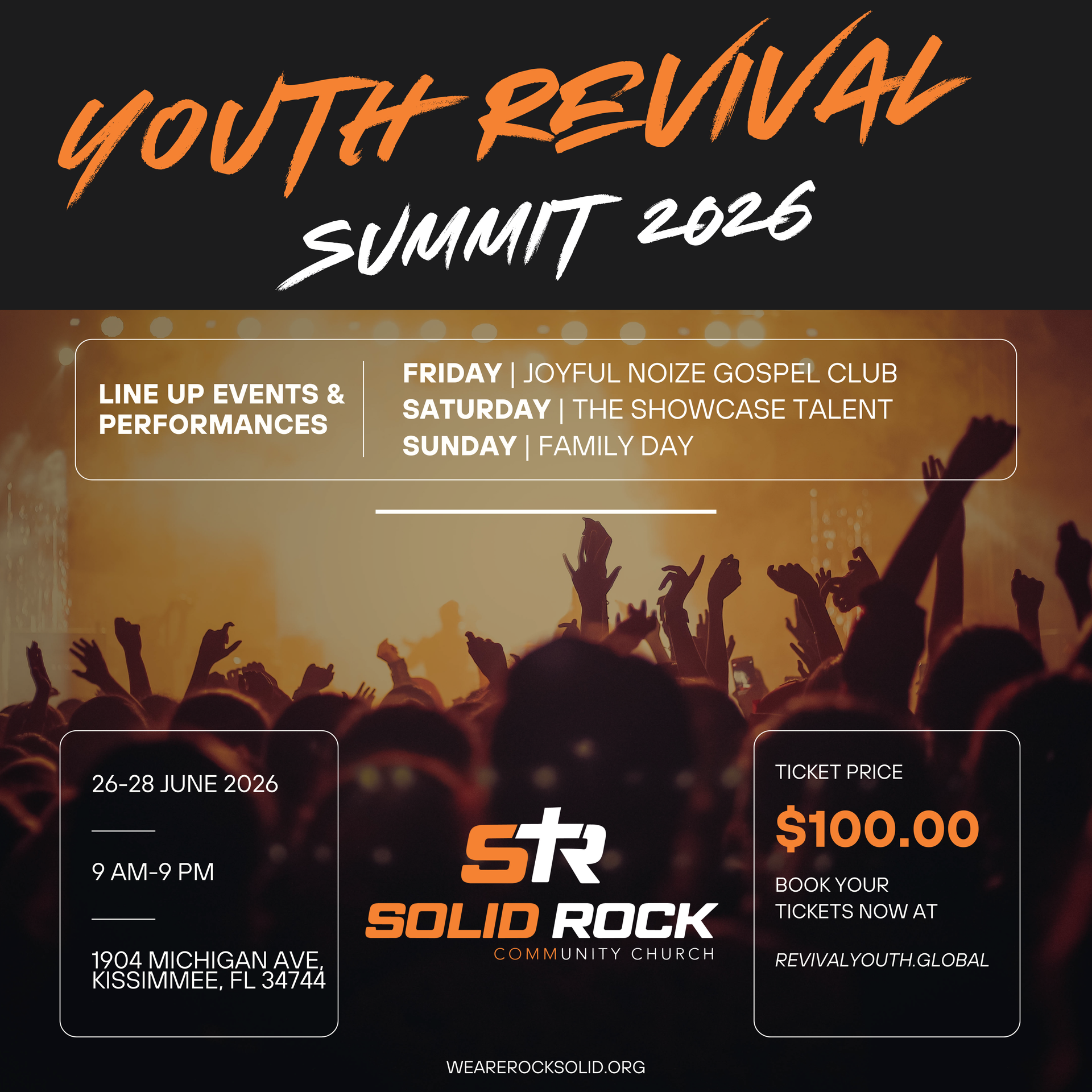 Youth Revival Summit 2026 event poster. Includes event lineup, location, dates, and ticket information.