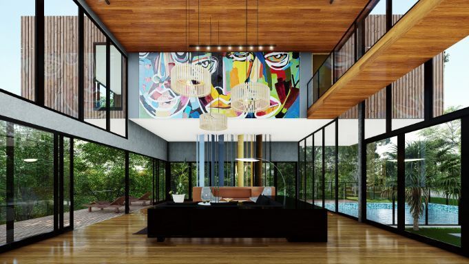 A Living Room With Lots of Windows and a Painting on the Wall — Omni Builders In Bungalow, QLD