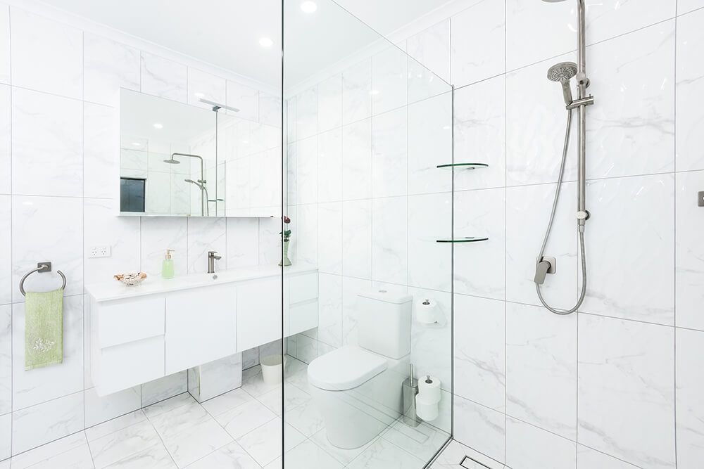 A Bathroom With a Walk in Shower , Toilet , Sink and Mirror — Omni Builders In Bungalow, QLD