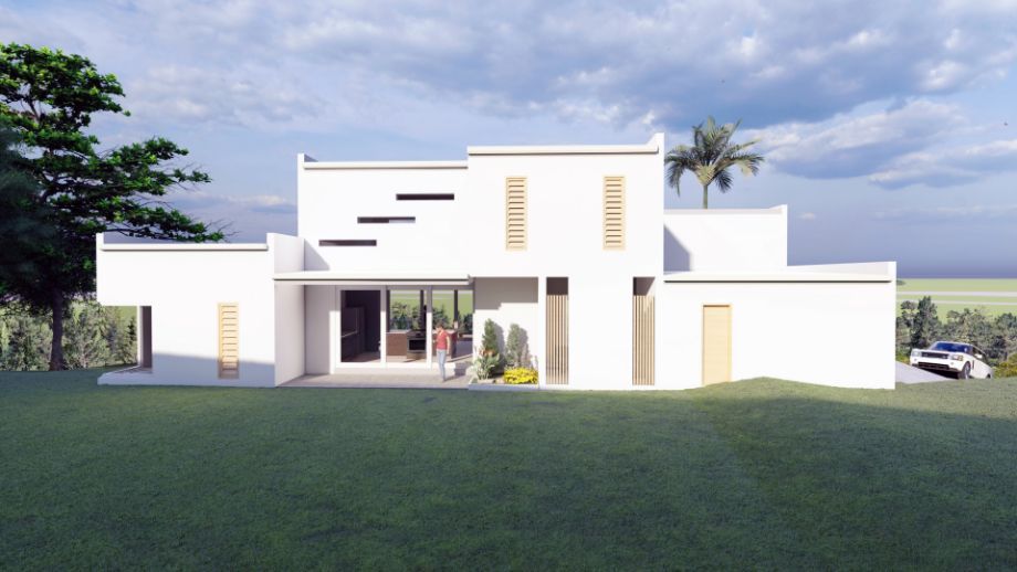 An Artist 's Impression of a White House With a Palm Tree in the Background — Omni Builders In Bungalow, QLD