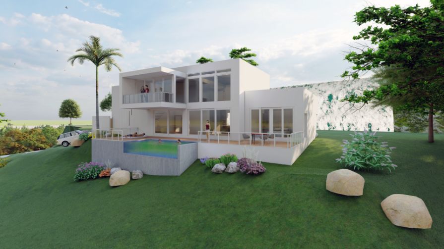 A Large White House is Sitting on Top of a Grassy Hill — Omni Builders In Bungalow, QLD
