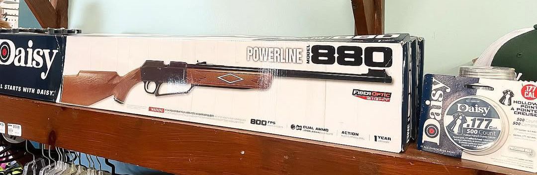 Box of a Daisy BB gun on a wooden shelf, with the model name