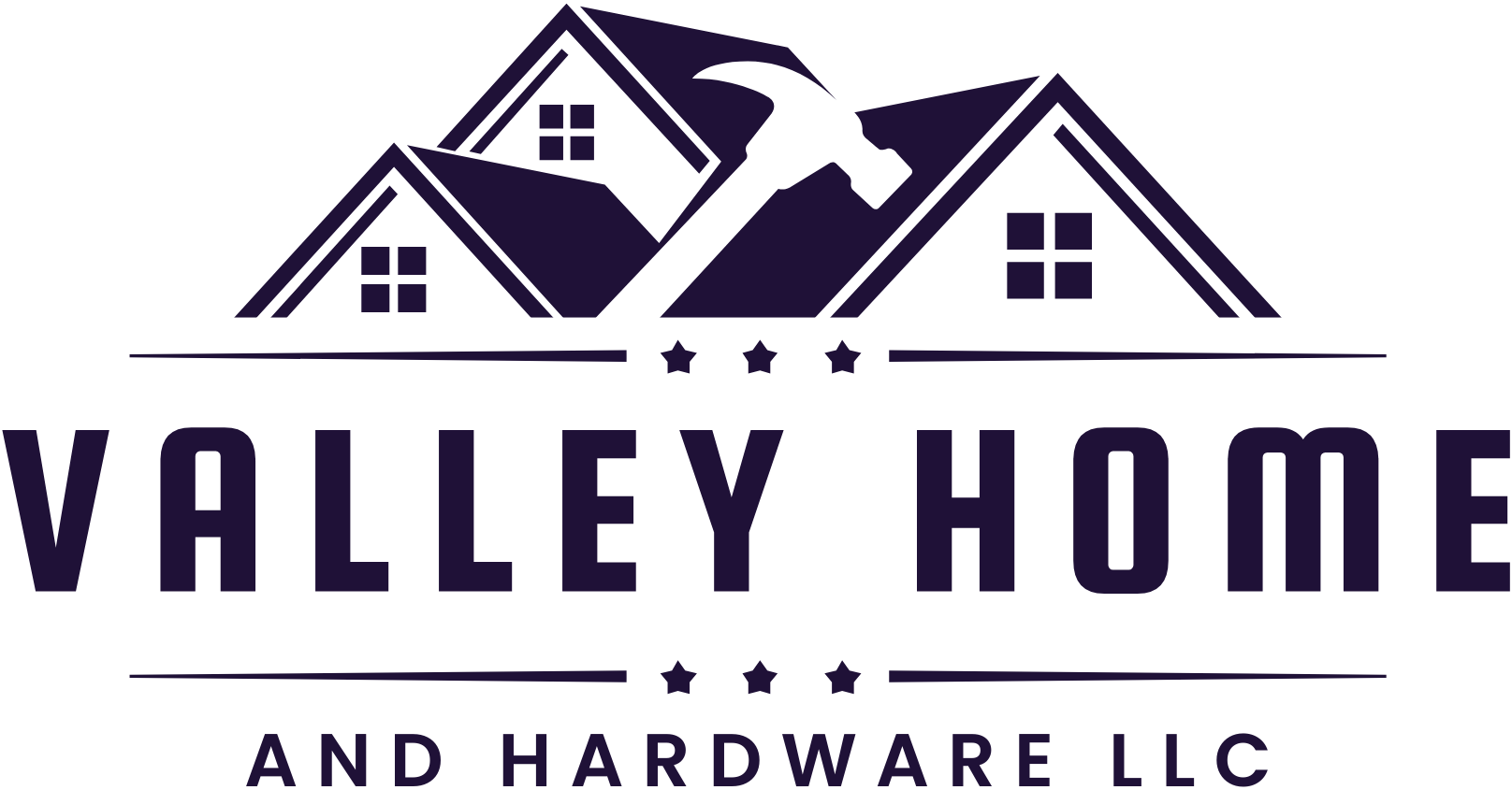 Logo for Valley Home and Hardware LLC: dark blue roofs with a hammer, stars, and text.