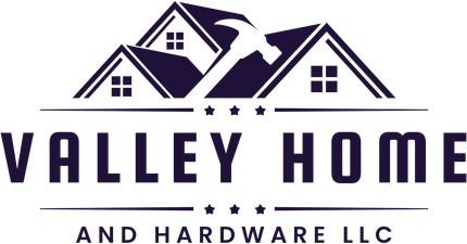 Logo for Valley Home and Hardware LLC: dark blue roofs with a hammer, stars, and text.
