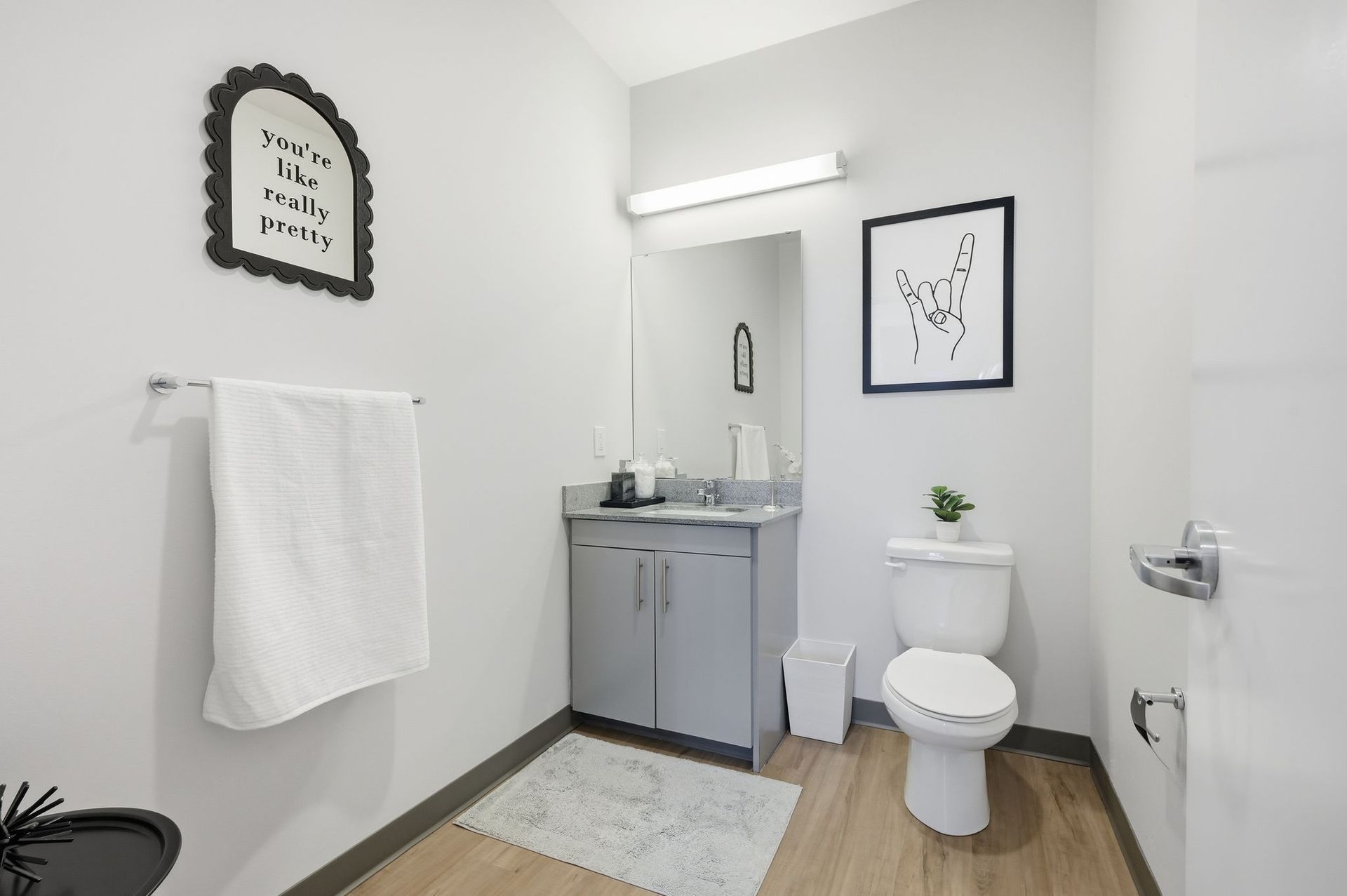 Bathroom with gray cabinets, white toilet, and decorative artwork on the walls.